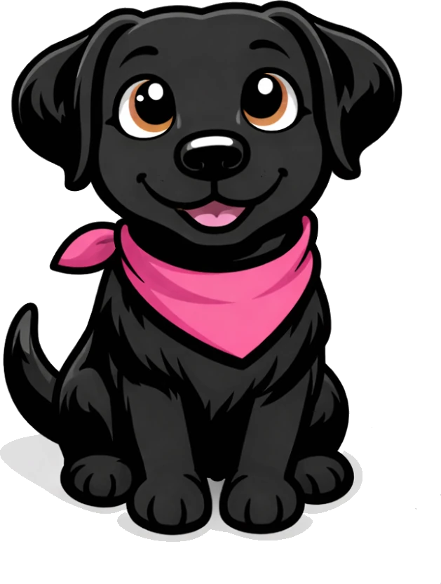 Kali, our founder&rsquo;s dog, a black Labrador in a pink bandana